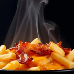 Papas fritas con cheddar y panceta
