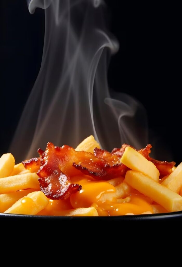 Papas fritas con cheddar y panceta